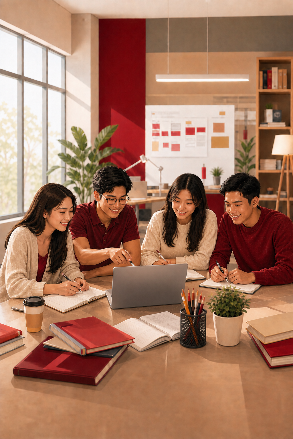 Two male and two female students learning together with digital tools